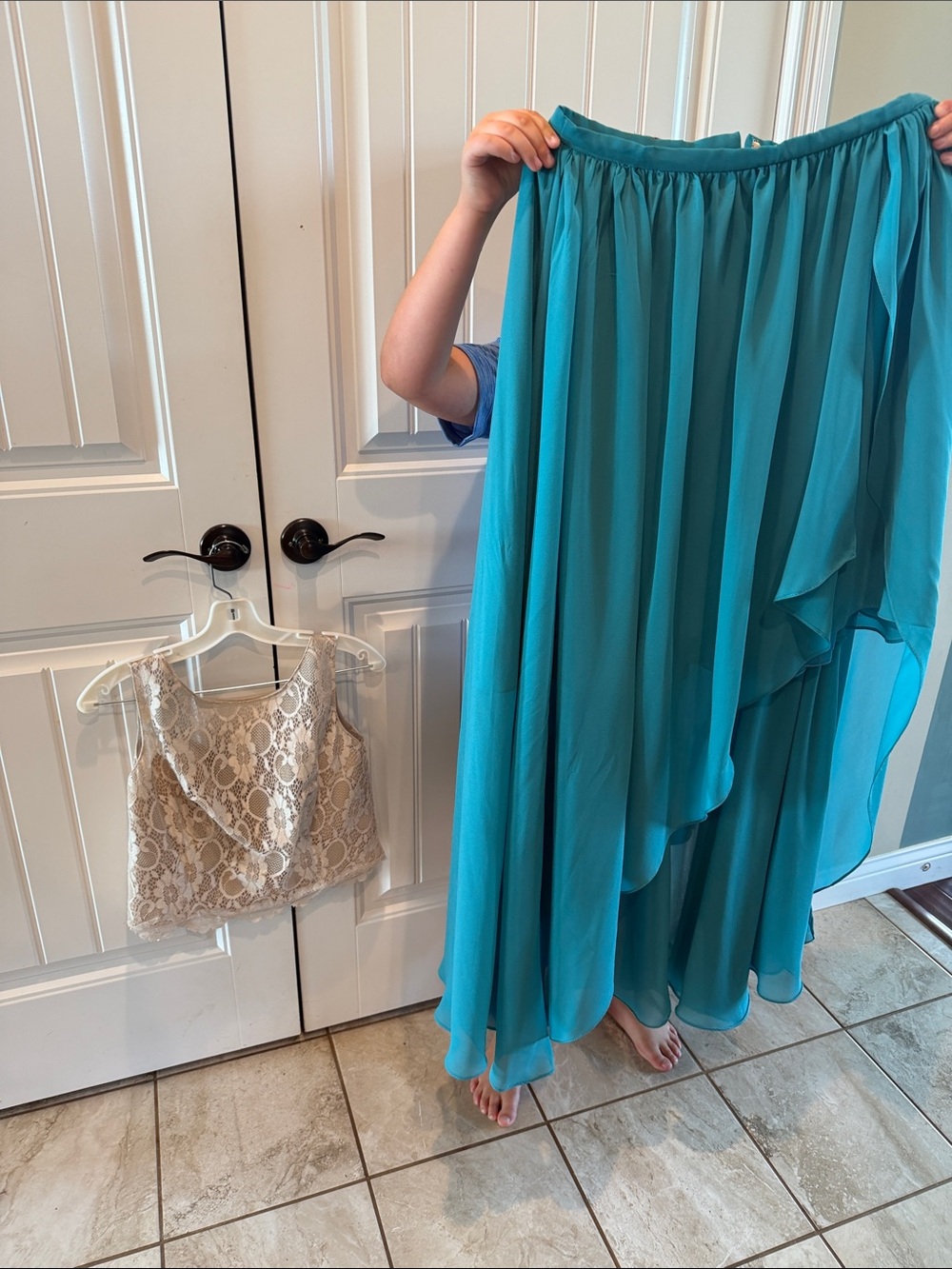 Allure Bridals Teal Chiffon Skirt and Lace Bodice Set